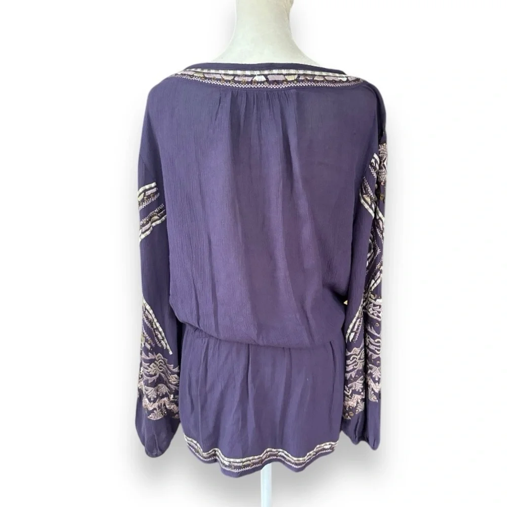 Free People Stitch Up Your Heart Purple Beaded Embroidered Blouse | Size Medium